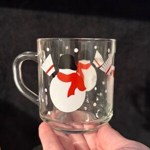 6 Luminarc, Glass Snowman Mugs from Crate & Barrel.